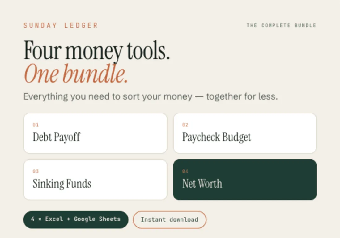 The Complete Bundle: four Sunday Ledger spreadsheets — debt payoff, paycheck budget, sinking funds and net worth — shown as four separate files.