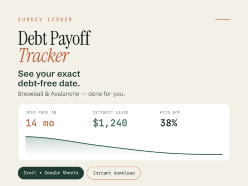 Debt Payoff Tracker showing the debt-free date, interest saved and percent paid off.