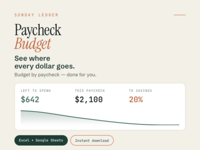 Paycheck Budget spreadsheet showing income, bills and safe-to-spend for one pay period.