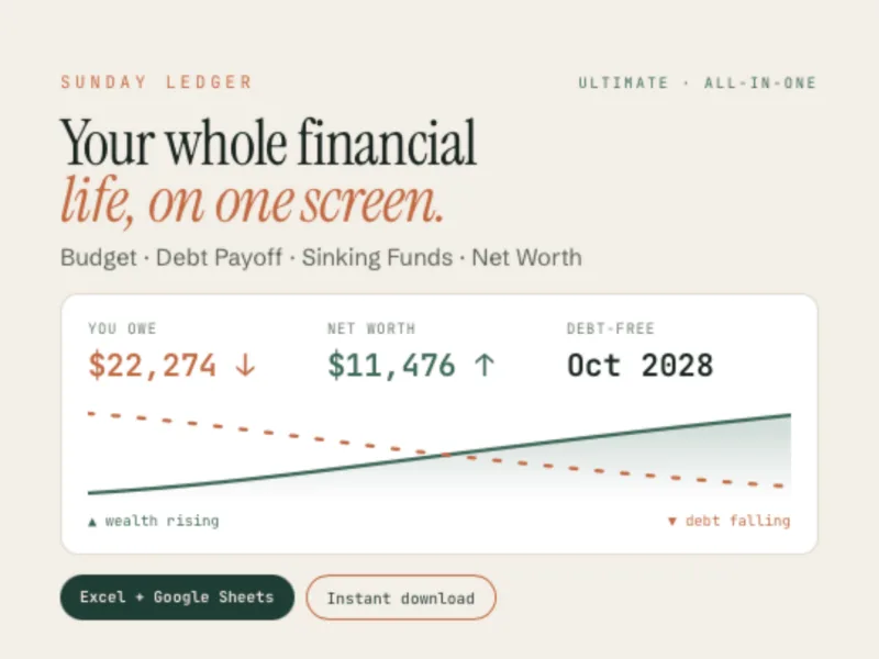 Ultimate Personal Finance dashboard showing debt owed, net worth, debt-free date and safe-to-spend on one home screen.